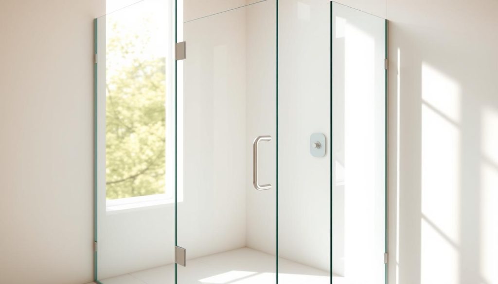 A glass shower enclosure in a bright, minimalist bathroom. The frameless door and walls are sparkling clean, reflecting the warm, natural lighting from large windows. The glass panels are free of streaks, water spots, or soap scum, with a perfectly clear, streak-free finish. The tiled floor and walls are also meticulously cleaned, creating an impression of pristine, hygienic cleanliness. The overall atmosphere is one of serenity, order, and attention to detail, highlighting the importance of maintaining a spotless glass shower enclosure. Uma cabine de duche em vidro numa casa de banho luminosa e minimalista. A porta e as paredes sem moldura estão impecavelmente limpas, refletindo a luz natural e acolhedora que entra pelas grandes janelas. Os painéis de vidro estão livres de riscos, manchas de água ou resíduos de sabão, com um acabamento perfeitamente transparente e sem riscos. O chão e as paredes em azulejo também estão meticulosamente limpos, criando uma impressão de limpeza imaculada e higiénica. A atmosfera geral é de serenidade, ordem e atenção aos detalhes, destacando a importância de manter um box de vidro impecável.