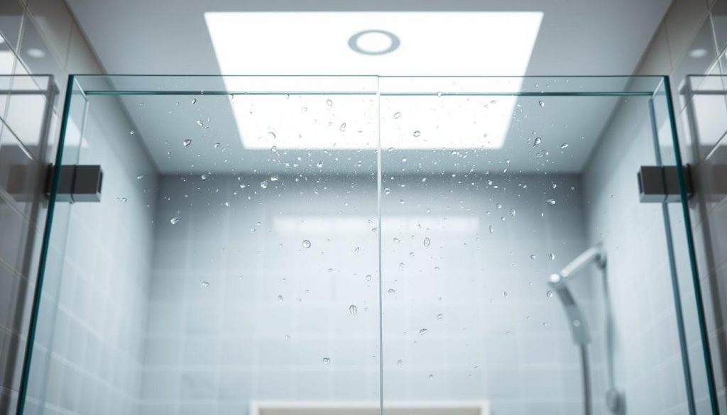 A pristine glass shower enclosure bathed in natural light, its surface gleaming with a spotless, streak-free sheen. The transparent panels reflect the tiled bathroom walls, creating an illusion of infinite space. Droplets of water cling delicately to the glass, refracting the soft, warm illumination from a recessed ceiling fixture. The frameless design allows the enclosure to seamlessly integrate with the modern, minimalist decor, evoking a sense of cleanliness and tranquility. The overall scene conveys a well-maintained, hygienic bathroom space, ready to be enjoyed with confidence. Um box em vidro imaculado banhada por luz natural, com a sua superfície a brilhar com um brilho impecável e sem riscos. Os painéis transparentes refletem as paredes revestidas a azulejos da casa de banho, criando uma ilusão de espaço infinito. Gotas de água aderem delicadamente ao vidro, refratando a iluminação suave e quente de um candeeiro embutido no teto. O design sem moldura permite que o box se integre perfeitamente à decoração moderna e minimalista, evocando uma sensação de limpeza e tranquilidade. A cena geral transmite um espaço de banheiro bem cuidado e higiênico, pronto para ser desfrutado com confiança.