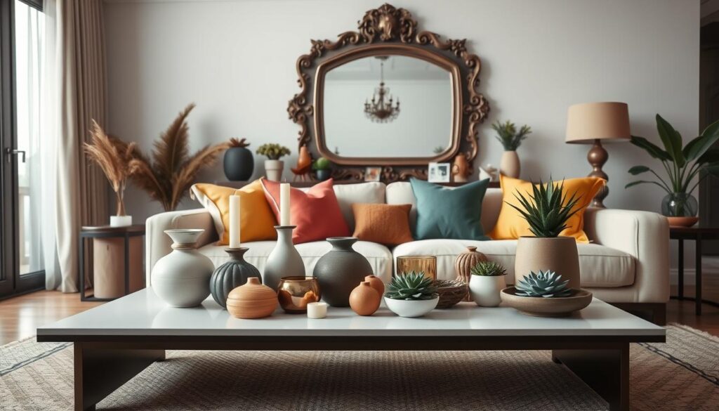 A stylish and harmonious home interior, showcasing an elegant mix of decorative elements that create a welcoming and visually appealing atmosphere. In the foreground, a sleek, modern coffee table with clean lines is adorned with an assortment of decorative objects, including ceramic vases, candles, and potted succulents. The middle ground features a plush, neutral-toned sofa complemented by throw pillows in vibrant, complementary colors. In the background, a large, ornate mirror reflects the room's natural lighting, adding depth and a sense of grandeur. The overall lighting is soft and diffused, creating a warm, inviting ambiance. The color palette features a harmonious blend of earthy tones, natural textures, and pops of vibrant accents, conveying a sense of sophistication and balance. Um interior elegante e harmonioso, apresentando uma elegante mistura de elementos decorativos que criam uma atmosfera acolhedora e visualmente atraente. Em primeiro plano, uma mesa de centro elegante e moderna, com linhas retas, é adornada com uma variedade de objetos decorativos, incluindo vasos de cerâmica, velas e suculentas em vasos. No centro, um sofá macio em tons neutros, complementado por almofadas em cores vibrantes e complementares. Ao fundo, um grande espelho ornamentado reflete a iluminação natural do ambiente, adicionando profundidade e uma sensação de grandiosidade. A iluminação geral é suave e difusa, criando um ambiente acolhedor e convidativo. A paleta de cores apresenta uma mistura harmoniosa de tons terrosos, texturas naturais e toques de toques vibrantes, transmitindo uma sensação de sofisticação e equilíbrio.